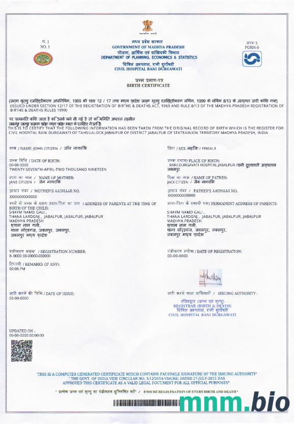 INDIA (Madhya Pradesh) narodziny certyfikat